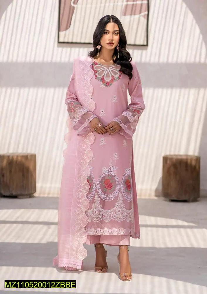 3 Pcs Women's Unstitched Lawn Embroidered Suit