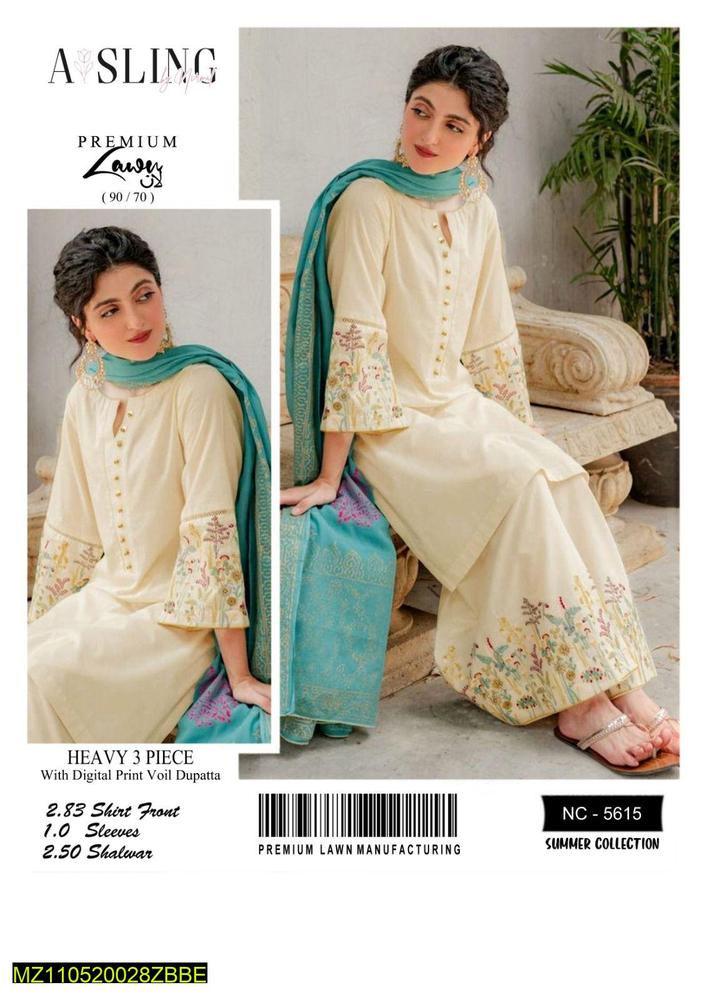 3 Pcs Women's Unstitched Lawn Embroidered Suit