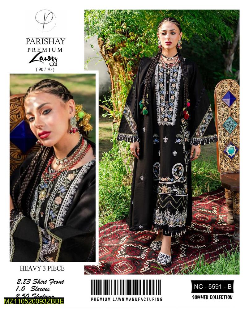 3 Pcs Women's Unstitched Lawn Embroidered Suit