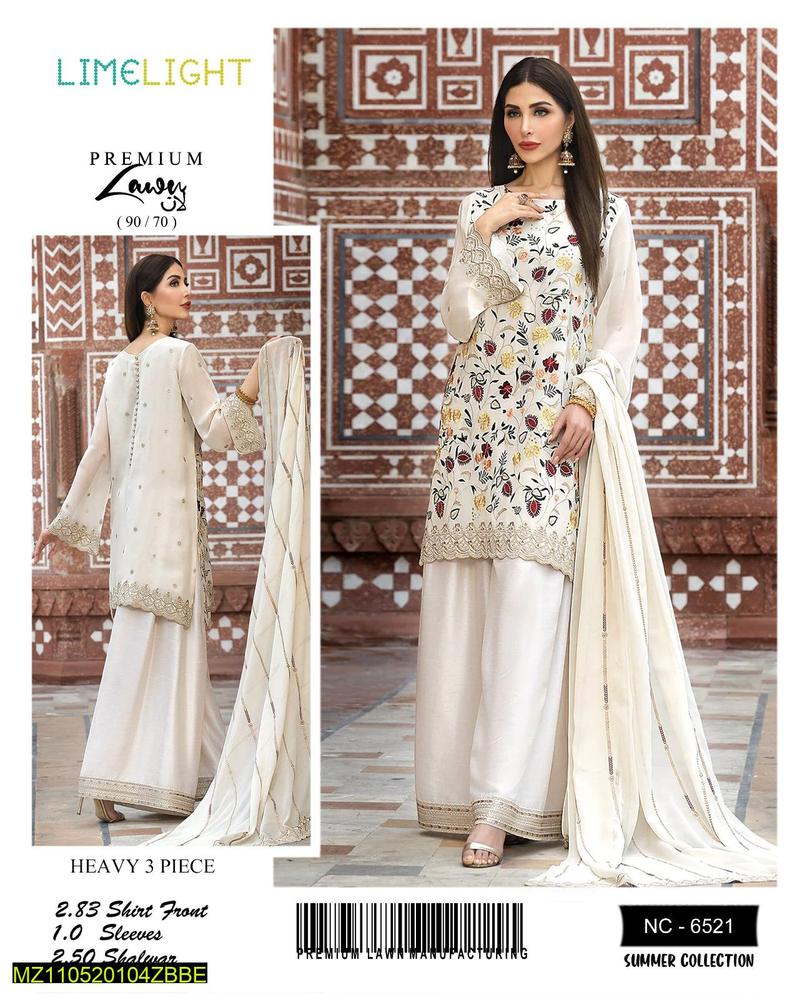 3 Pcs Women's Unstitched Lawn Embroidered Suit