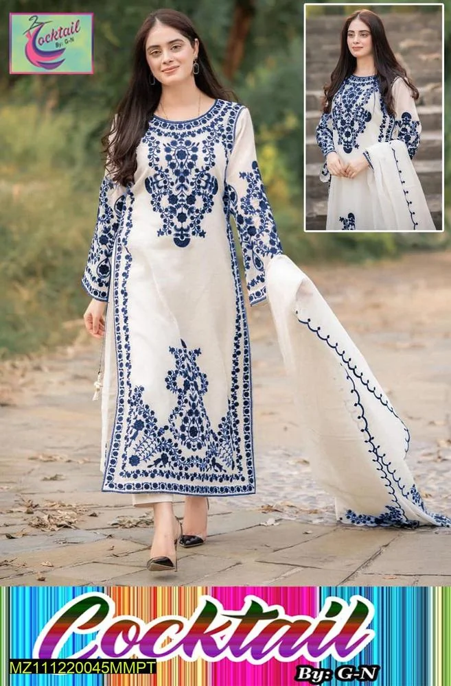 3 Pcs Women's Stitched Organza Embroidered Suit