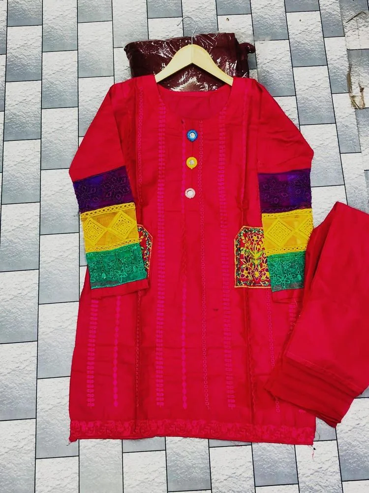 2 Pcs Women's Stitched Cotton Embroidered Shirt And Trouser