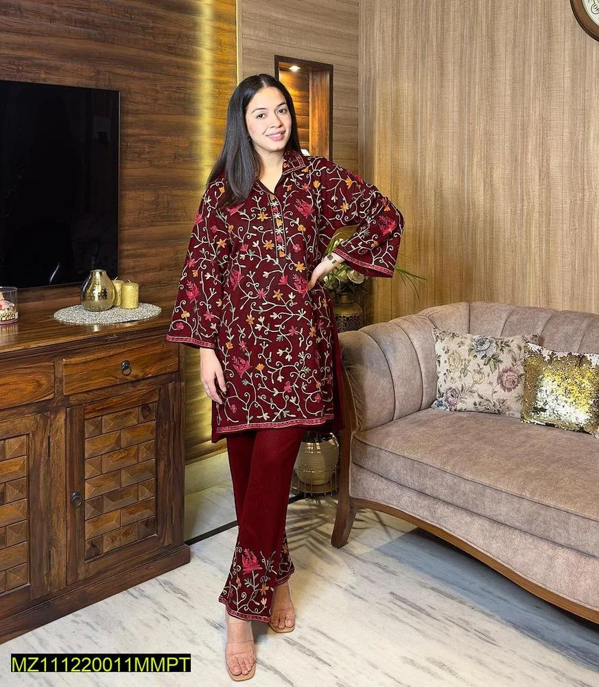 2 Pcs Women's Stitched Katan Silk Embroidered Shirt And Trouser