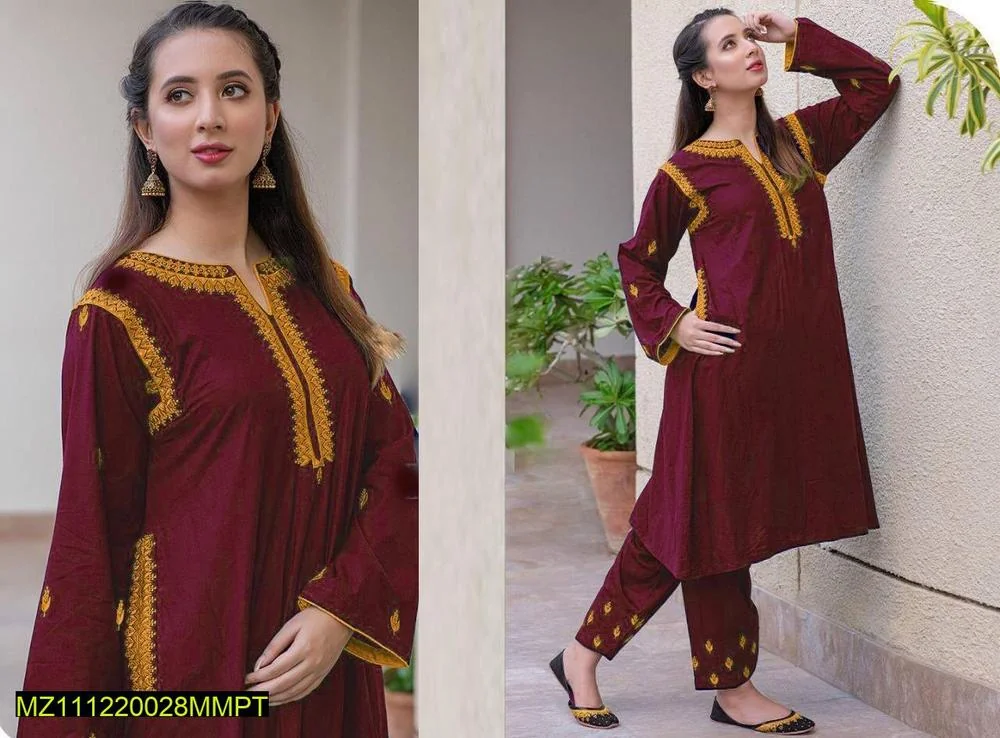 2 Pcs Women's Stitched Linen Embroidered Shirt And Trouser