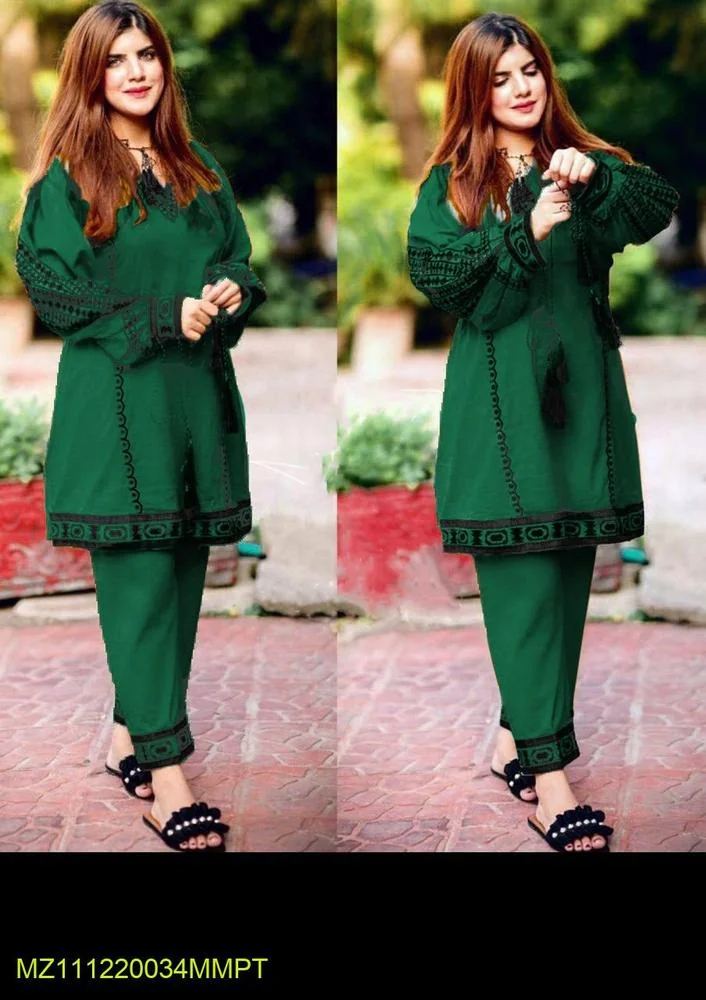 2 Pcs Women's Stitched Linen Embroidered Shirt And Trouser