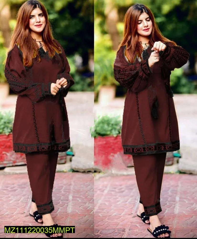 2 Pcs Women's Stitched Linen Embroidered Shirt And Trouser