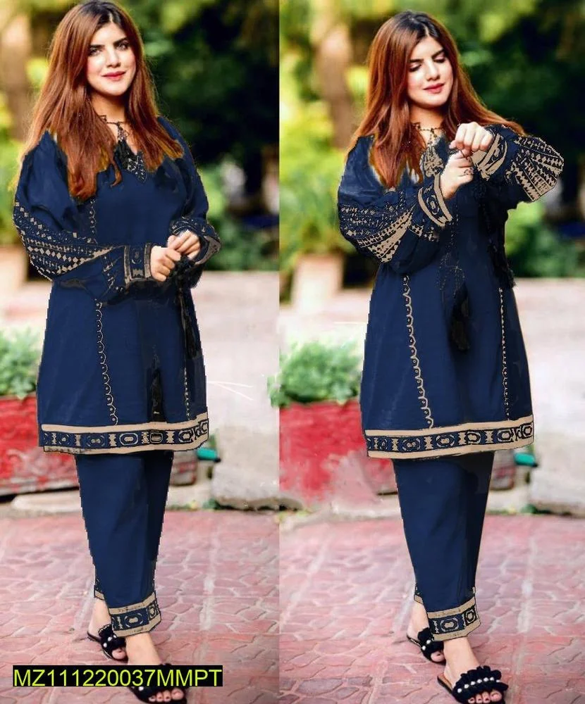 2 Pcs Women's Stitched Linen Embroidered Shirt And Trouser