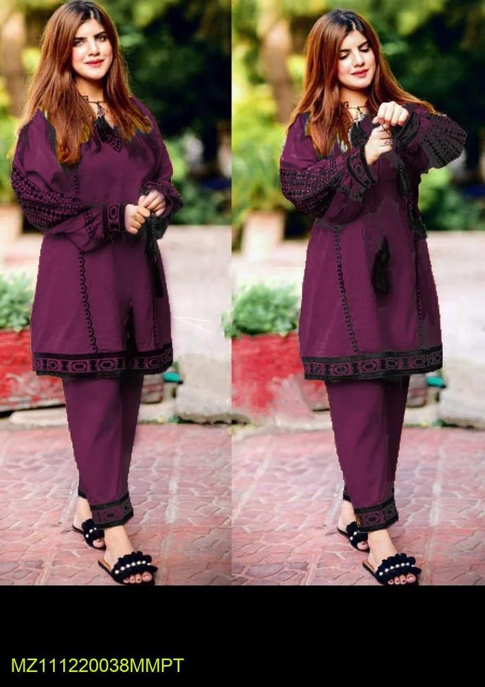 2 Pcs Women's Stitched Linen Embroidered Shirt And Trouser