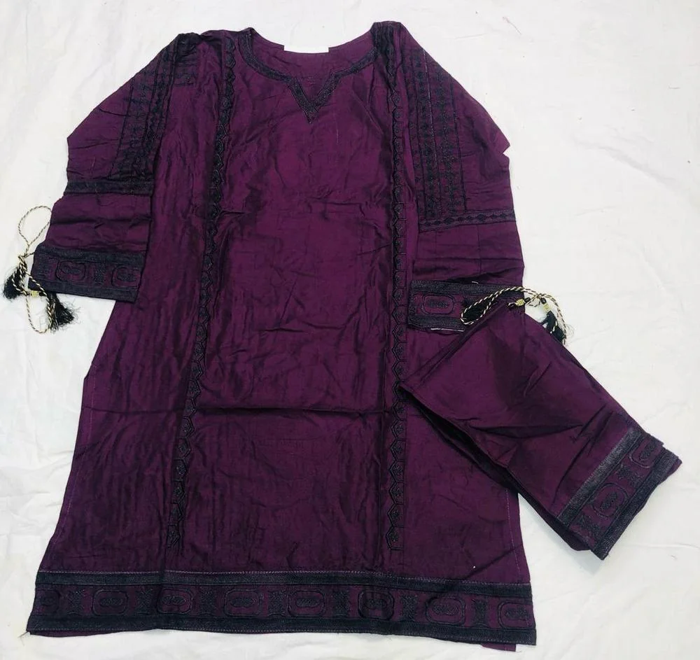 2 Pcs Women's Stitched Linen Embroidered Shirt And Trouser