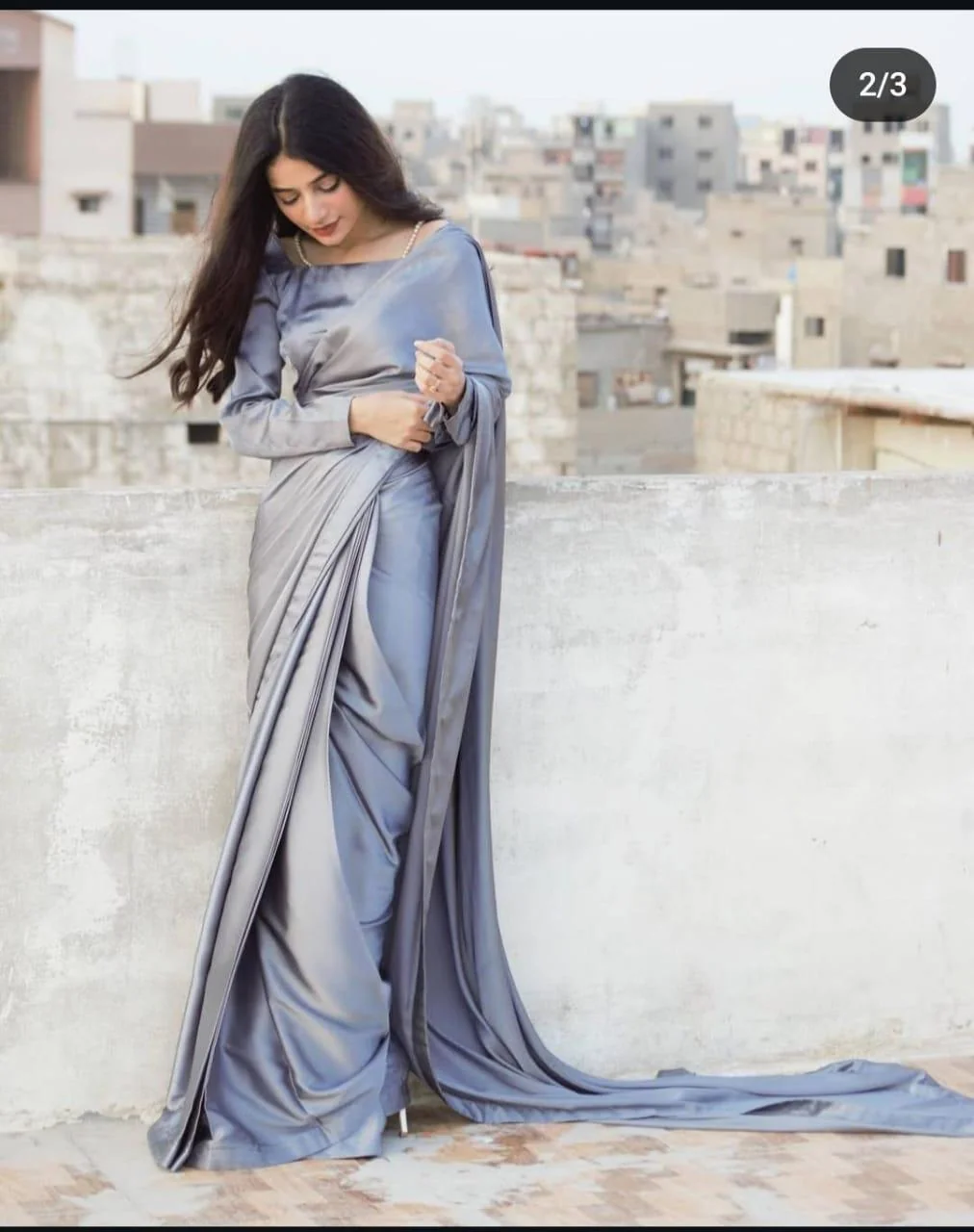 Stunning 3 Pcs Shamoz Silk Stitched Saree Set - Plain Silver Elegance