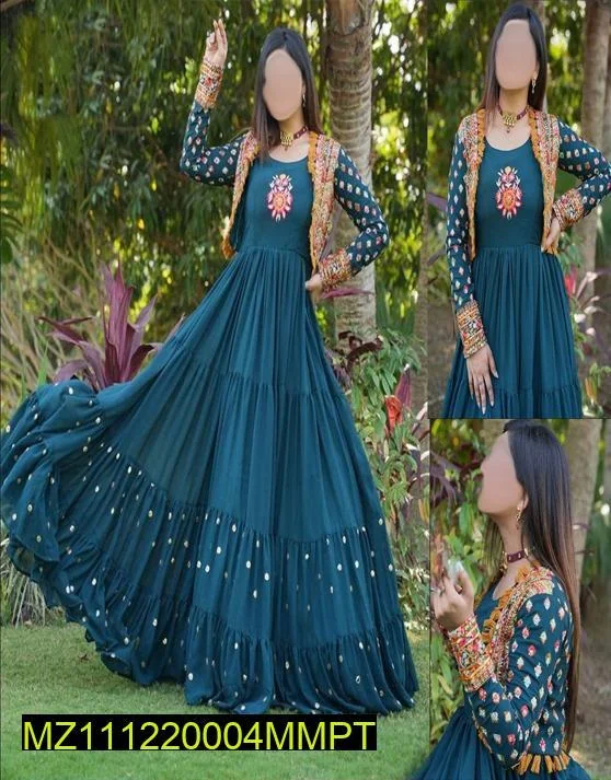 Women's Stitched Shamoz Silk Embroidered Koti Style  Maxi