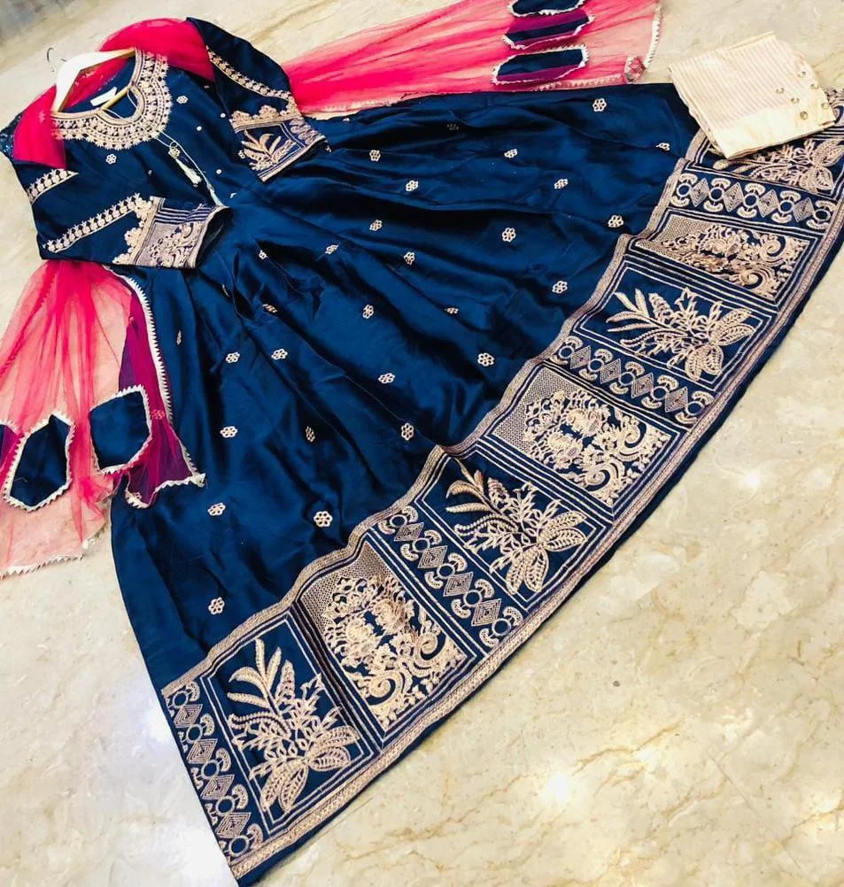 Exquisite 3 Pcs Women's Stitched Maxi Suit in Shamoz Silk with Embroidered Pattern