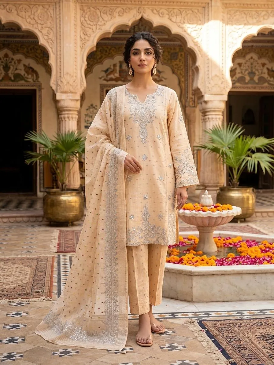 Cotton Lawn Embroidered 3Pcs Multicolor Suit Large