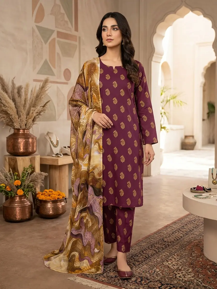 3 Pcs Women's Stitched Printed Suit
