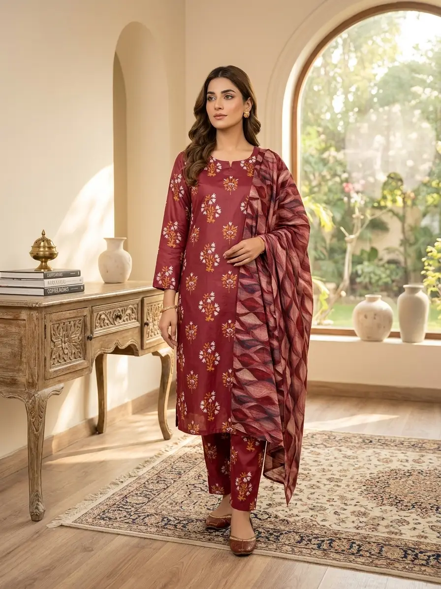 3 Pcs Women's Stitched Printed Suit