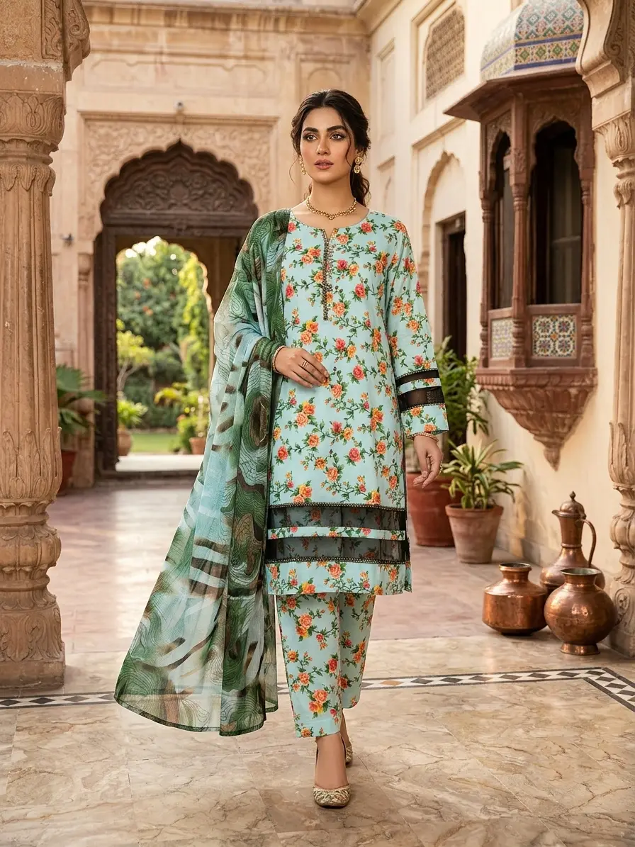 3 Pcs Women's Stitched Fancy Tissue Work Printed Suit