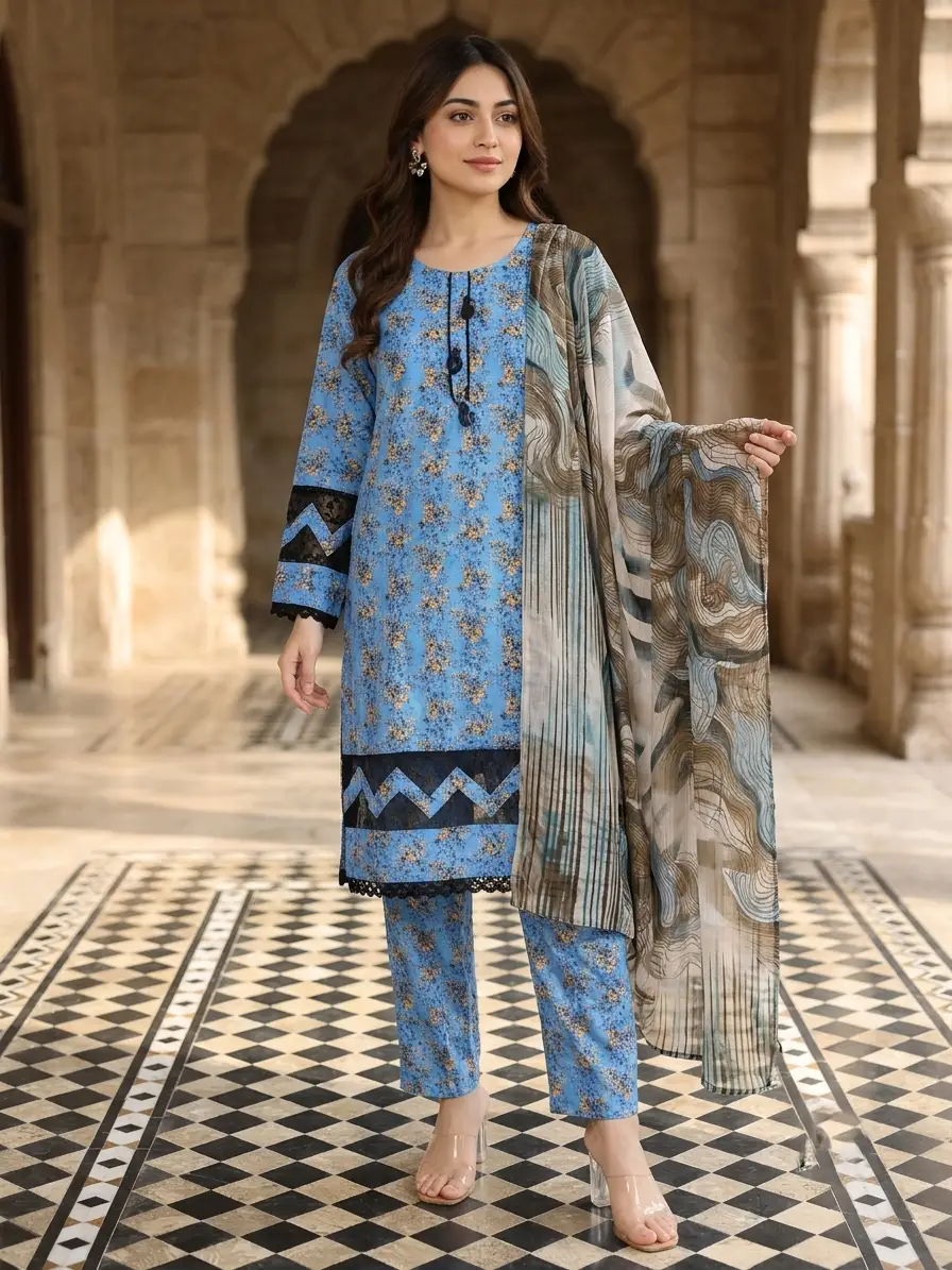 3 Pcs Women's Stitched Fancy Tissue Work Printed Suit