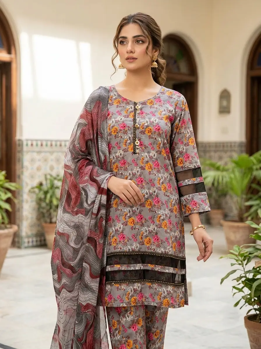 3 Pcs Women's Stitched Fancy Tissue Work Printed Suit
