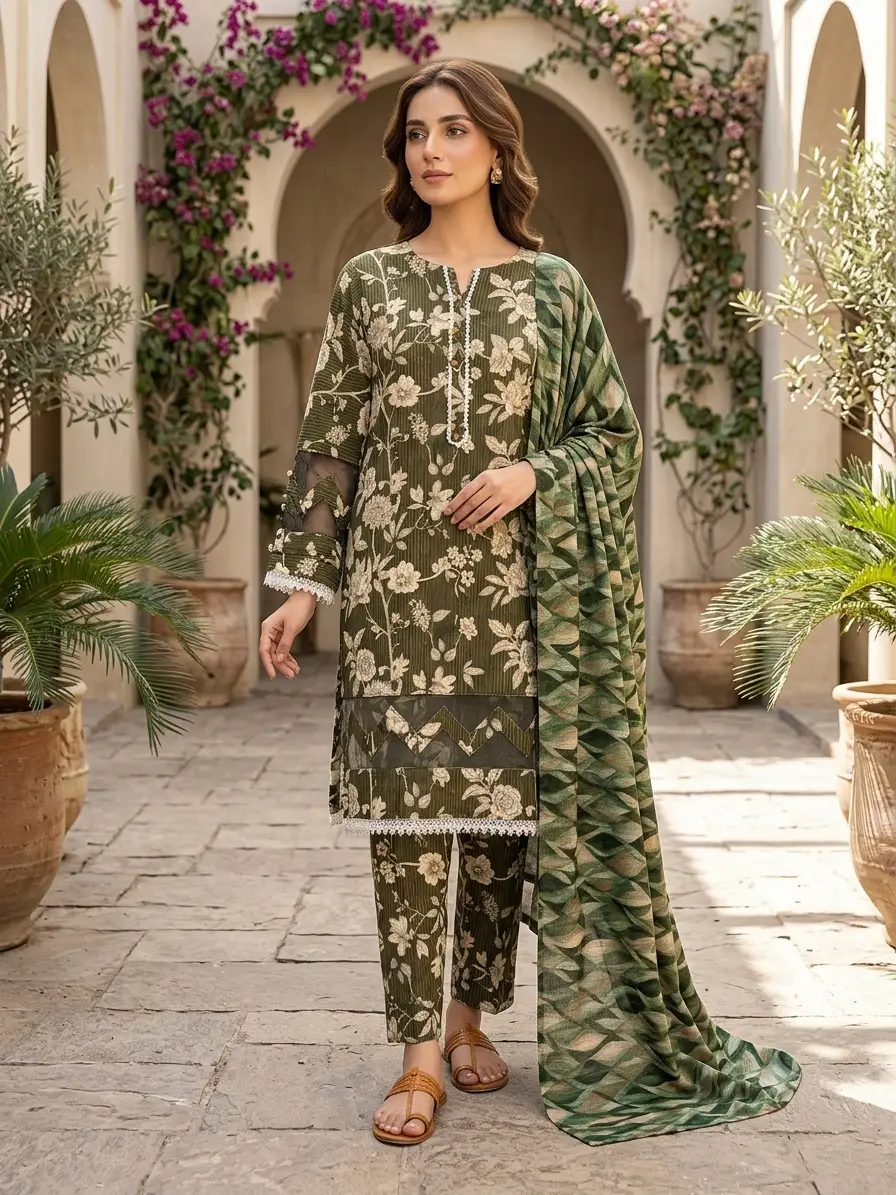 3 Pcs Women's Stitched Tissue Lace Work Fancy Suit