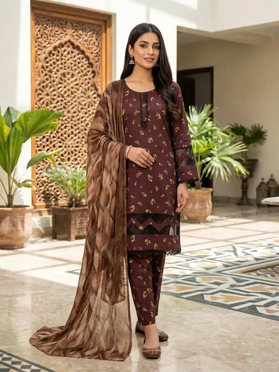 3 Pcs Women's Stitched Tissue Lace Work Fancy Suit