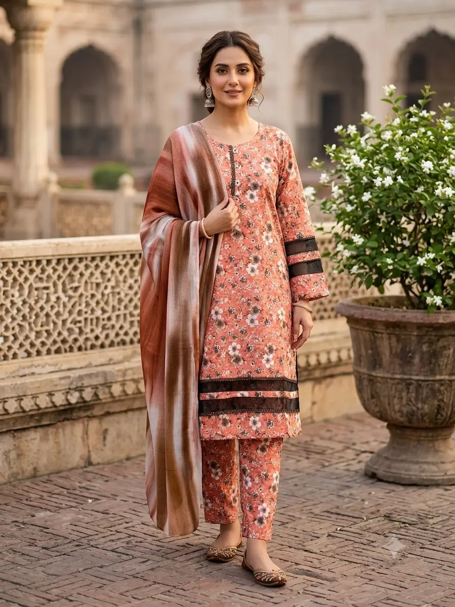 3 Pcs Women's Stitched Tissue Lace Work Fancy Suit