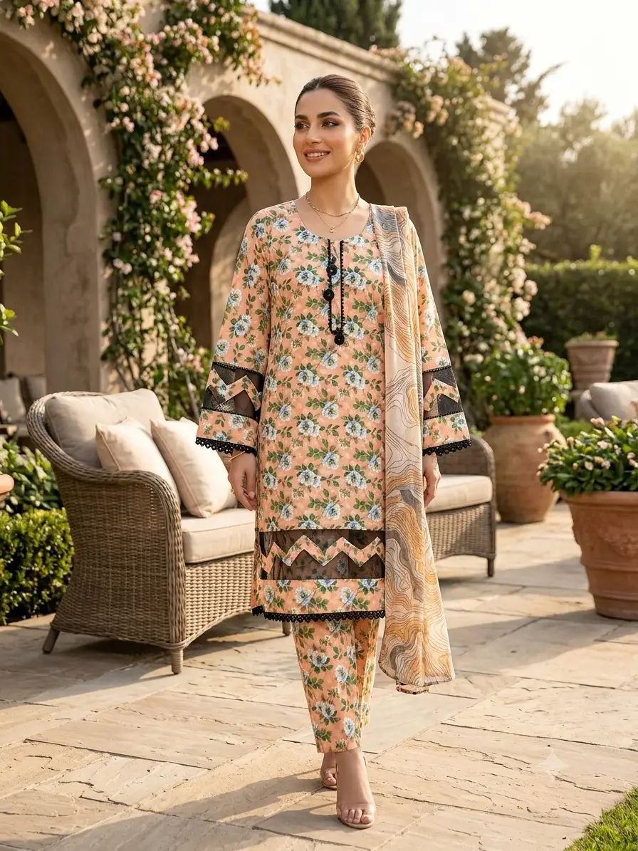 3 Pcs Women's Stitched Tissue Lace Work Fancy Suit