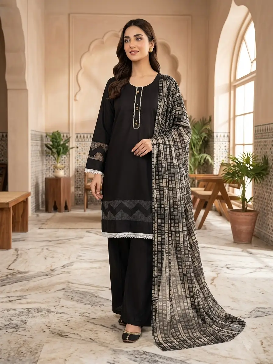 3 Pcs Women's Stitched Lace Tissue Work Suit