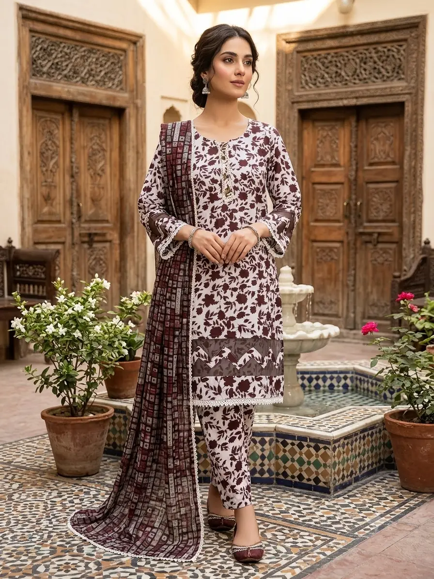 3 Pcs Women's Stitched Lace Tissue Work Suit