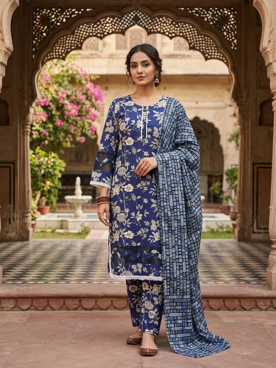 3 Pcs Women's Stitched Lace Tissue Work Suit