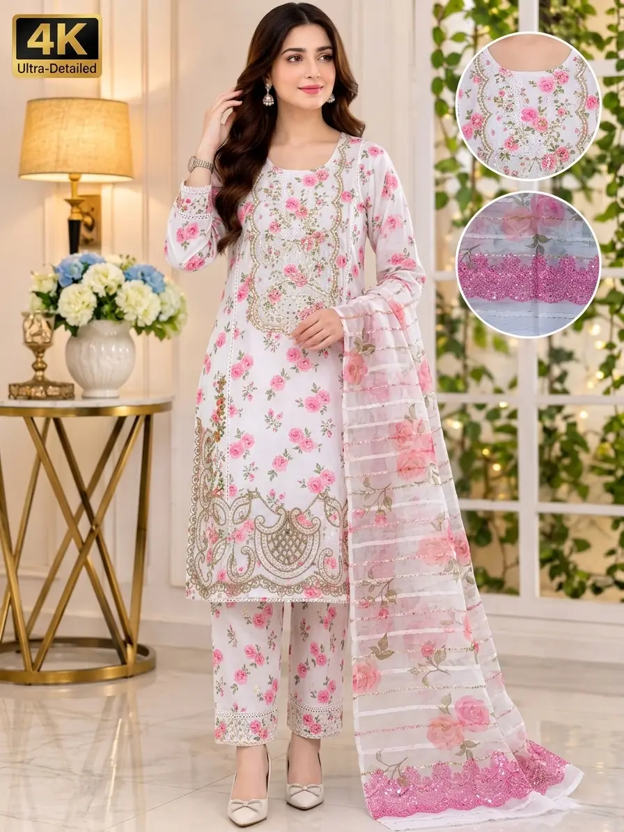 Lakhany 03 Piece stitched Printed Embroidered with Patch Work Printed Organza Dupatta Dress