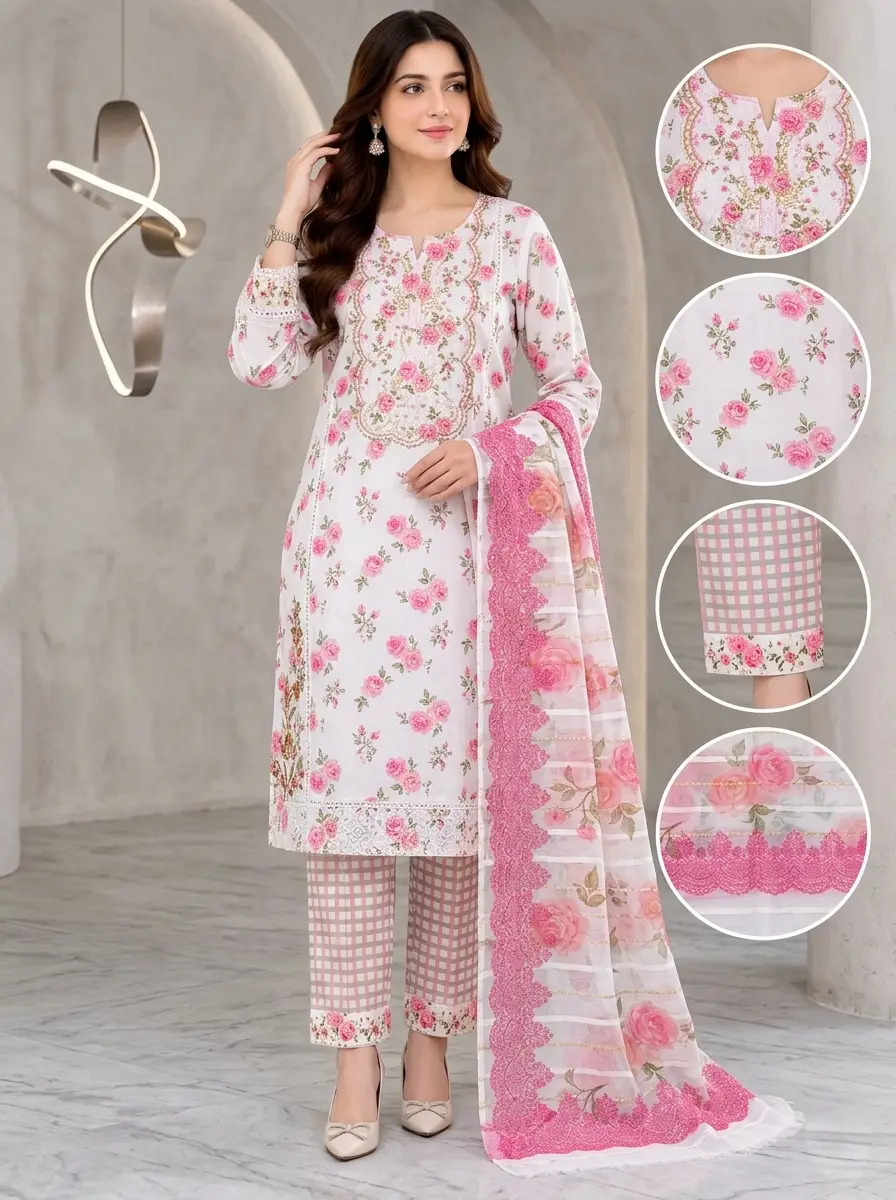 Lakhany 03 Piece stitched Printed Embroidered with Patch Work Printed Organza Dupatta Dress