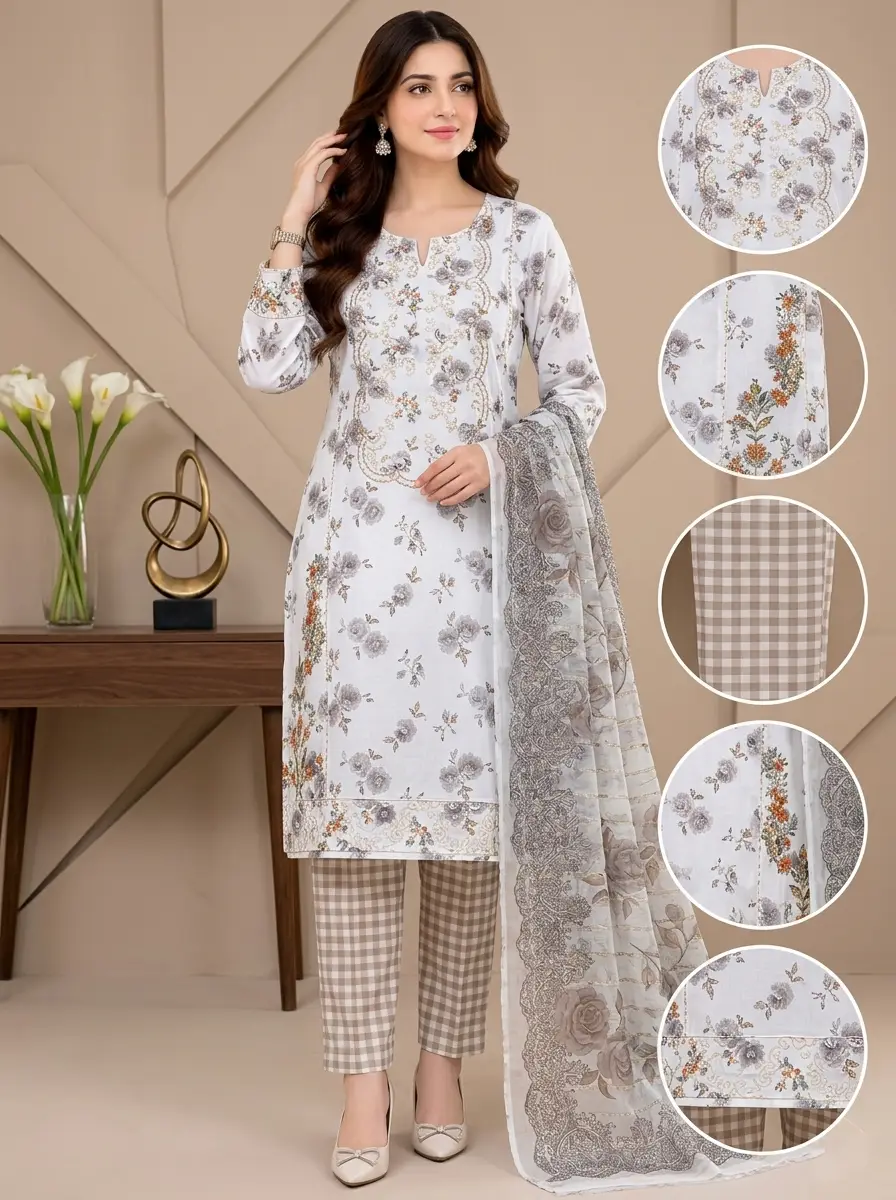 Lakhany 03 Piece stitched Printed Embroidered with Patch Work Printed Organza Dupatta Dress