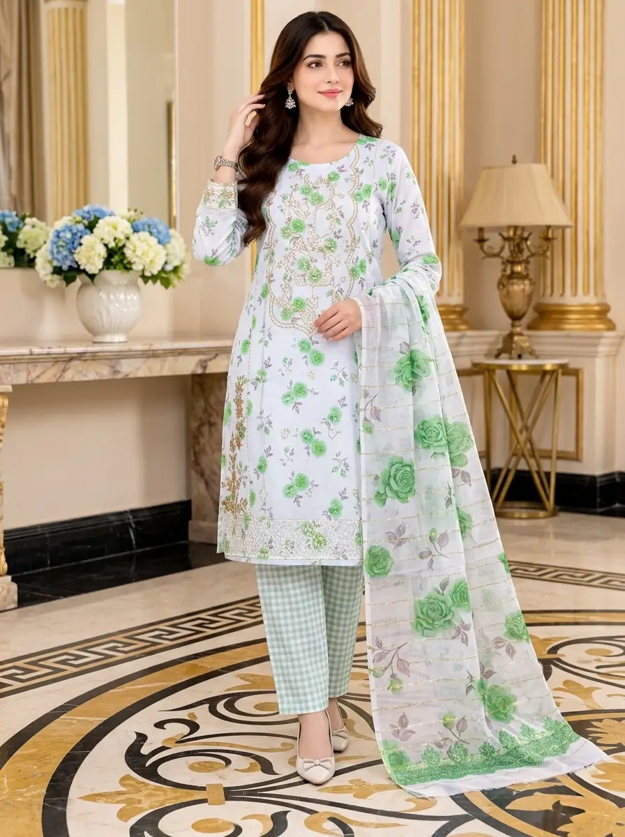 Lakhany 03 Piece stitched Printed Embroidered with Patch Work Printed Organza Dupatta Dress