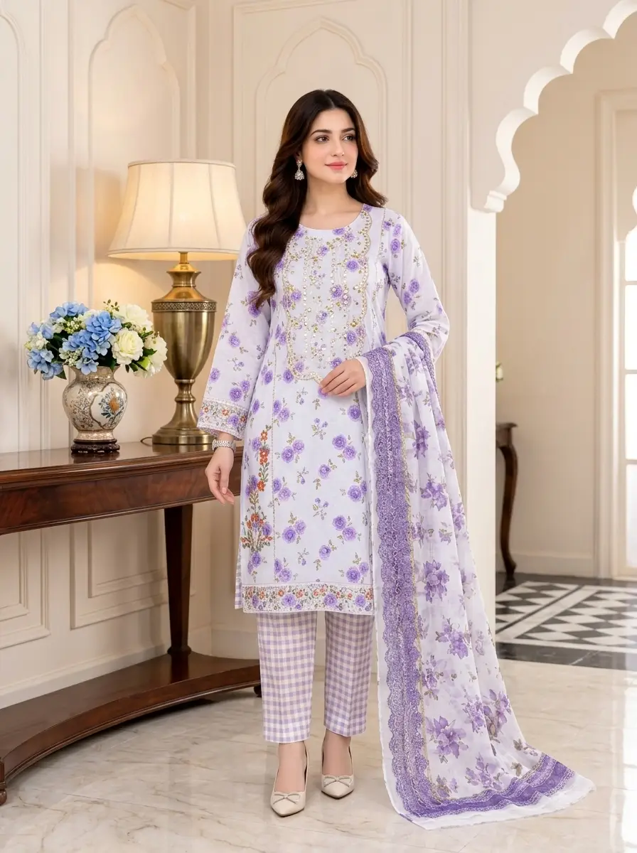 Lakhany 03 Piece stitched Printed Embroidered with Patch Work Printed Organza Dupatta Dress