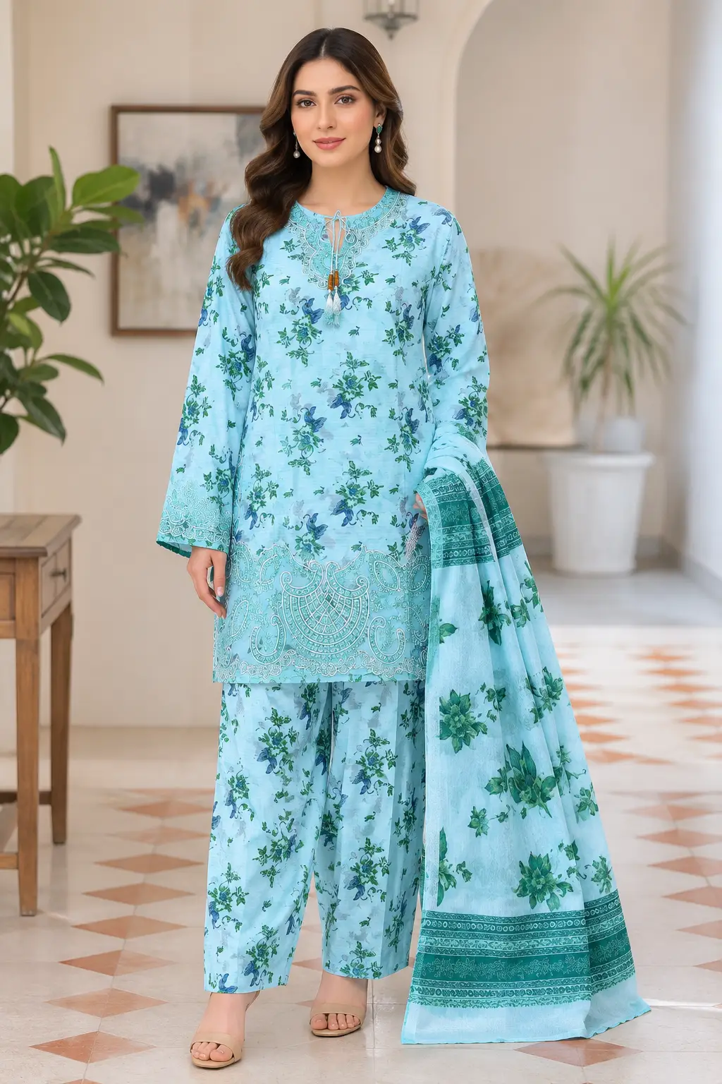 Lakhany 03 Piece stitched Printed Embroidered with Patch Work Printed Organza Dupatta Dress
