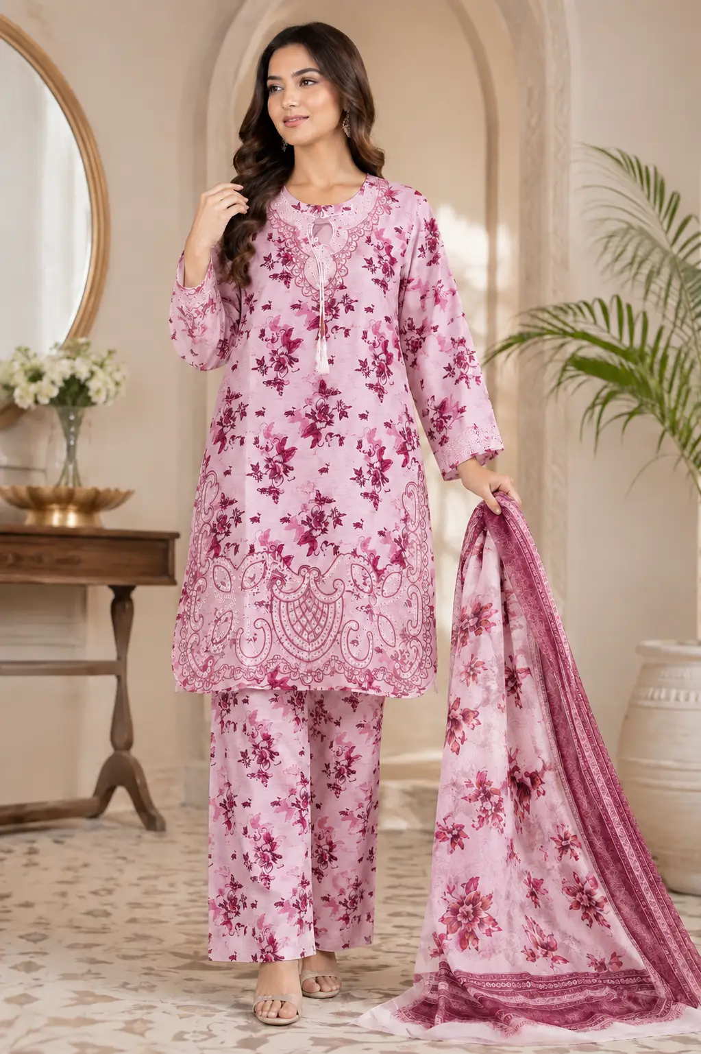 Lakhany 03 Piece stitched Printed Embroidered with Patch Work Printed Organza Dupatta Dress