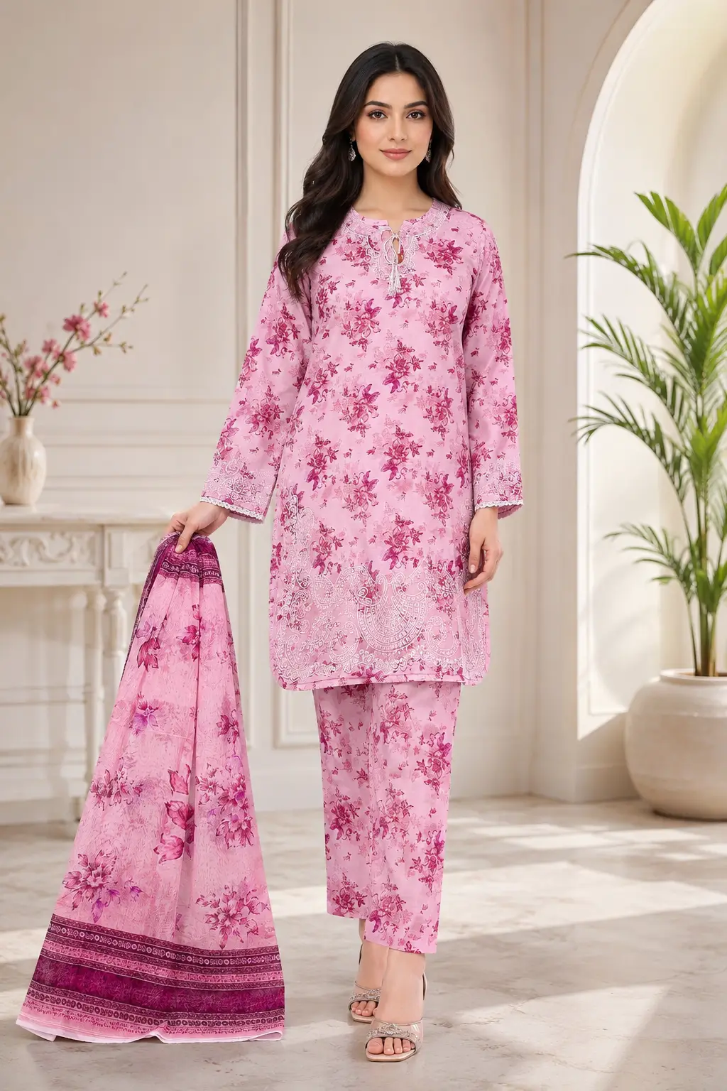 Lakhany 03 Piece stitched Printed Embroidered with Patch Work Printed Organza Dupatta Dress