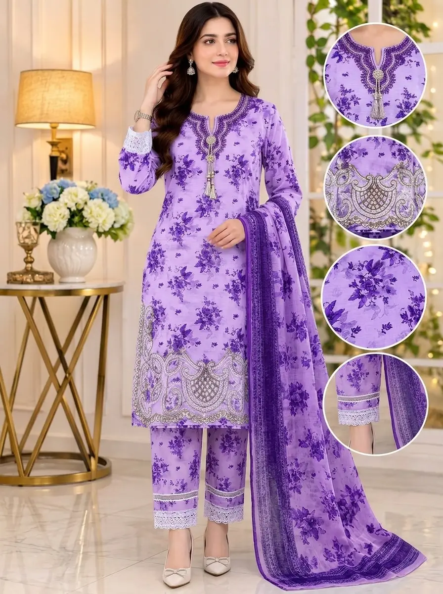 Lakhany 03 Piece stitched Printed Embroidered with Patch Work Printed Organza Dupatta Dress