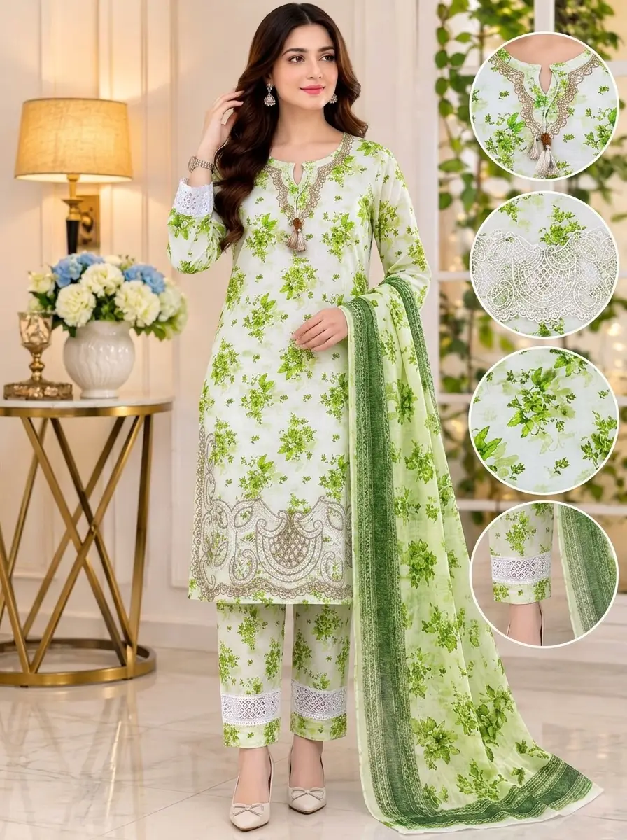 Lakhany 03 Piece stitched Printed Embroidered with Patch Work Printed Organza Dupatta Dress