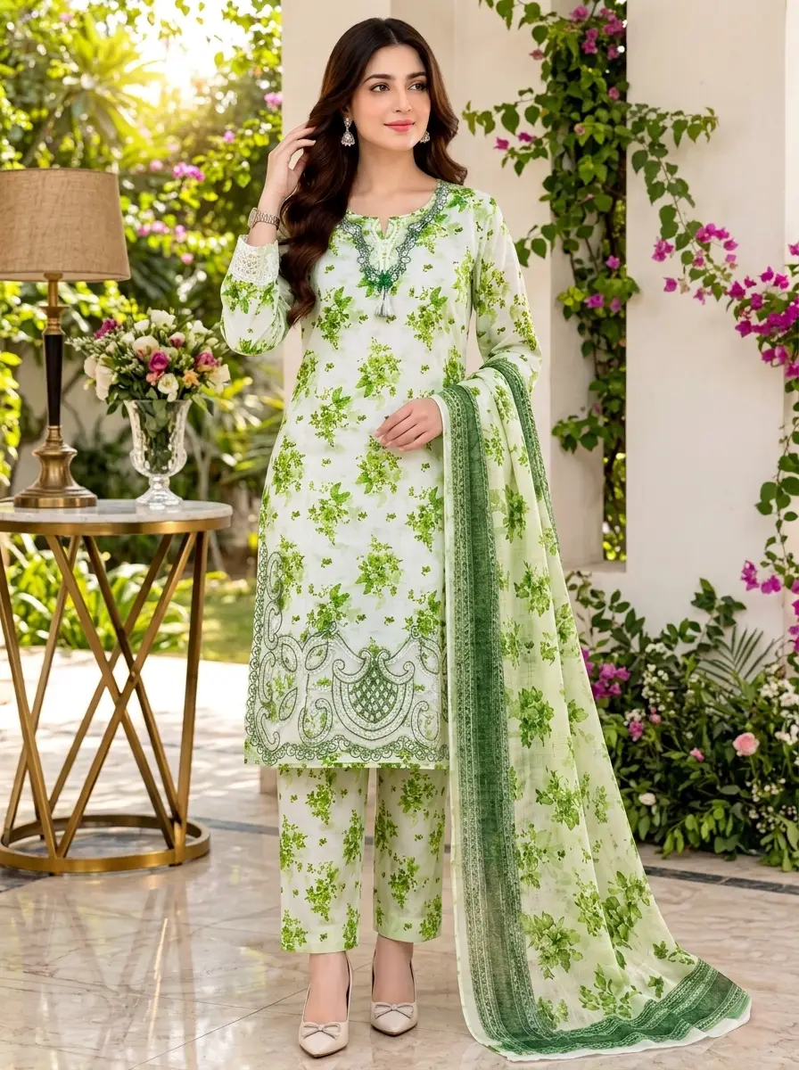 Lakhany 03 Piece stitched Printed Embroidered with Patch Work Printed Organza Dupatta Dress