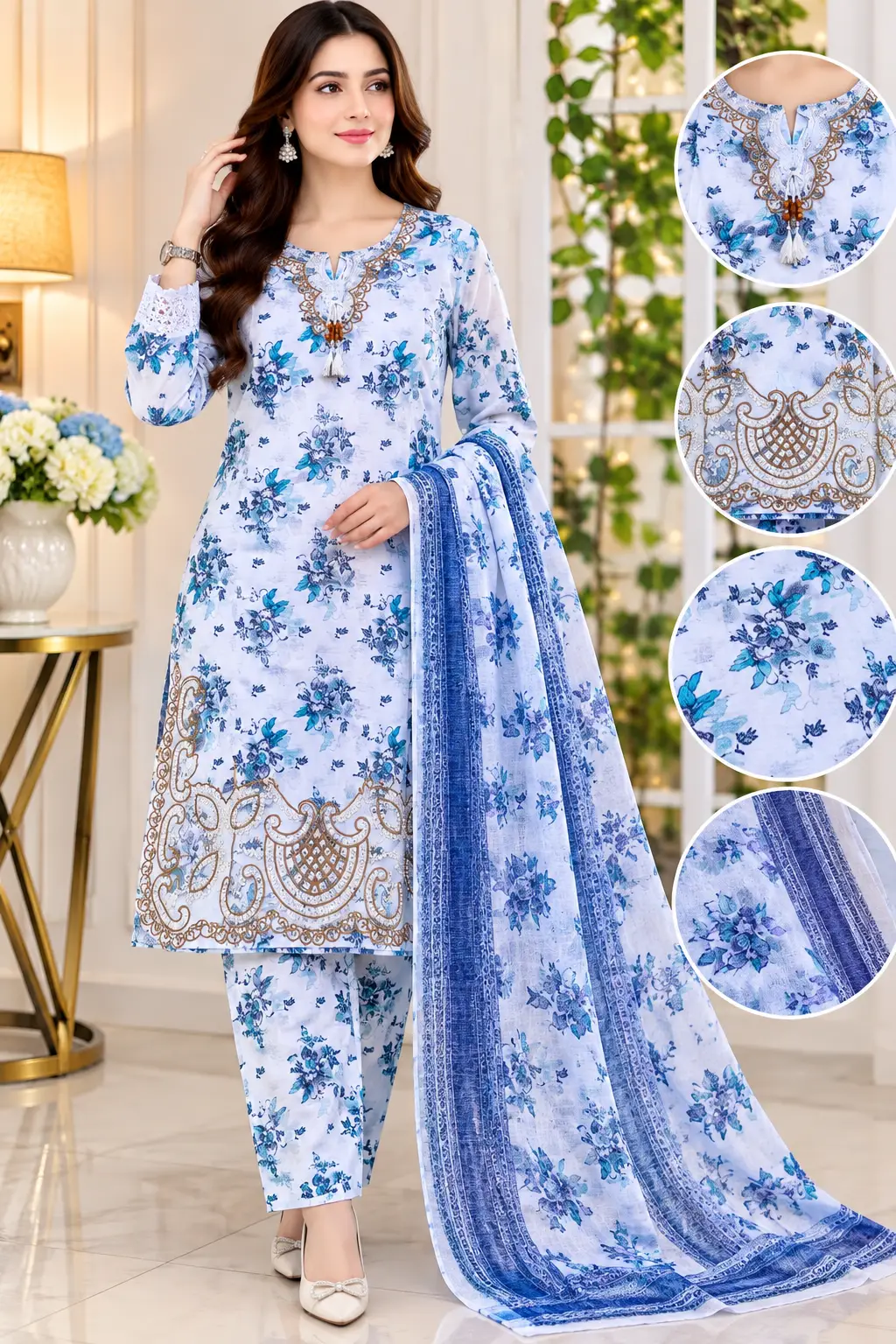 Lakhany 03 Piece stitched Printed Embroidered with Patch Work Printed Organza Dupatta Dress