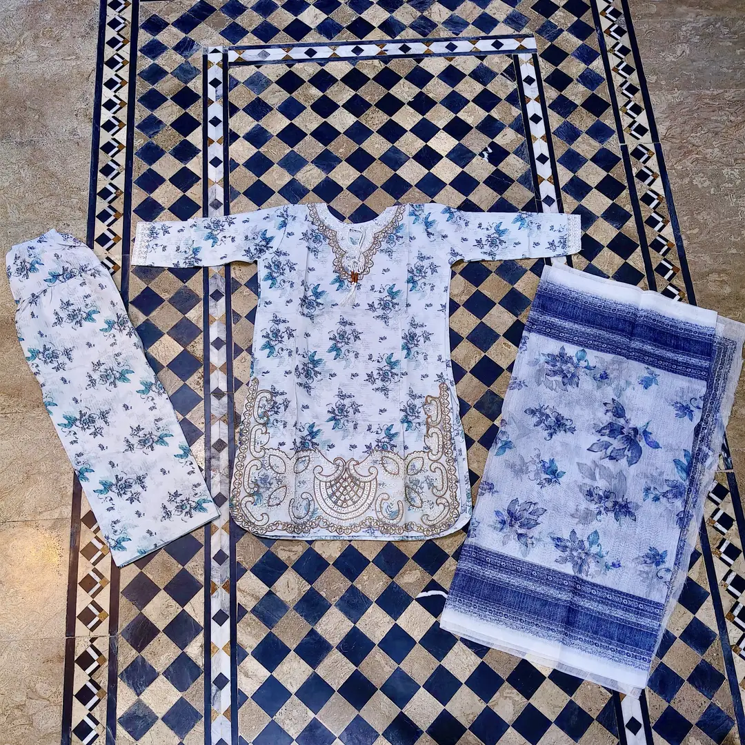Lakhany 03 Piece stitched Printed Embroidered with Patch Work Printed Organza Dupatta Dress
