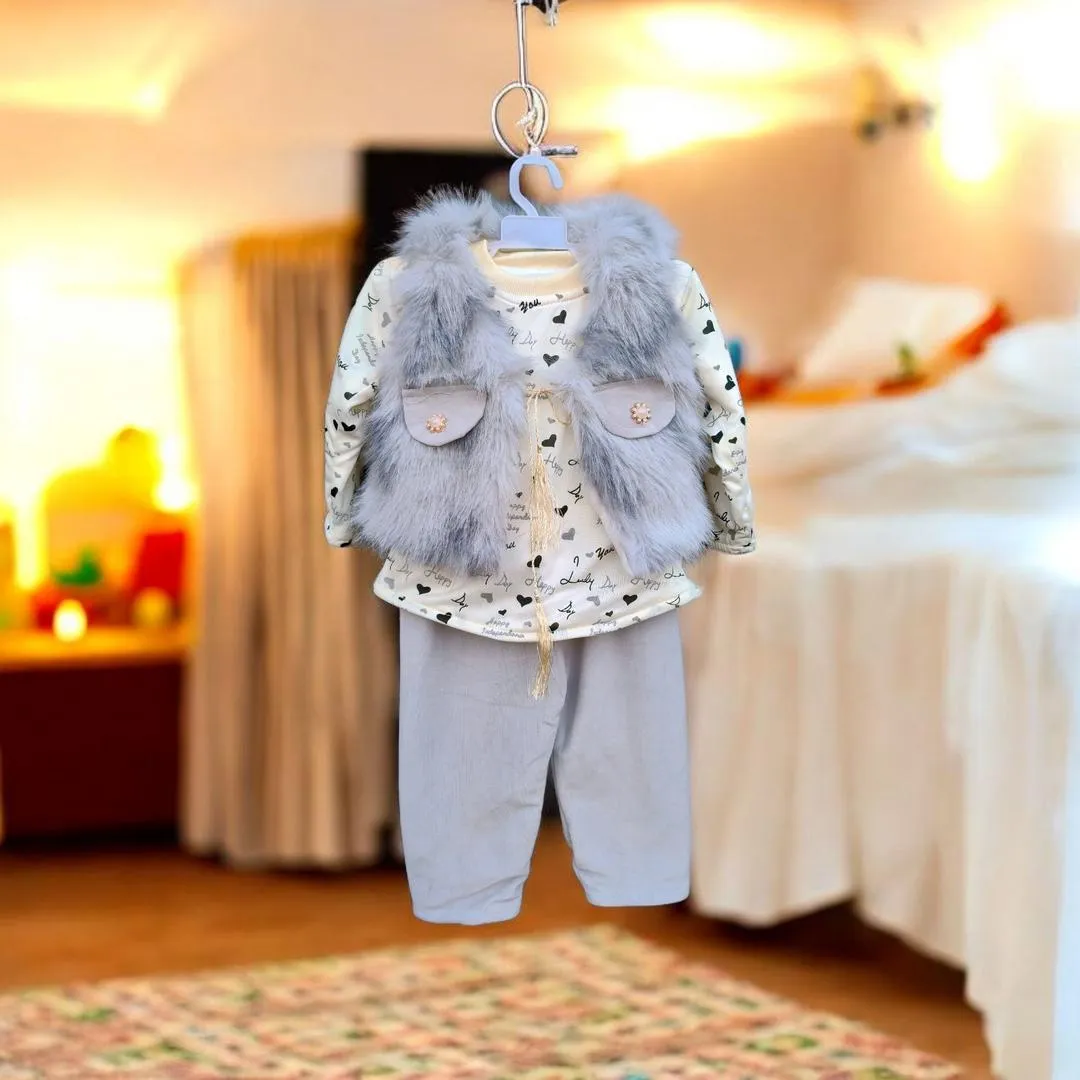 Kids Winter Party Set Grey Jersey Faux Fur Jacket