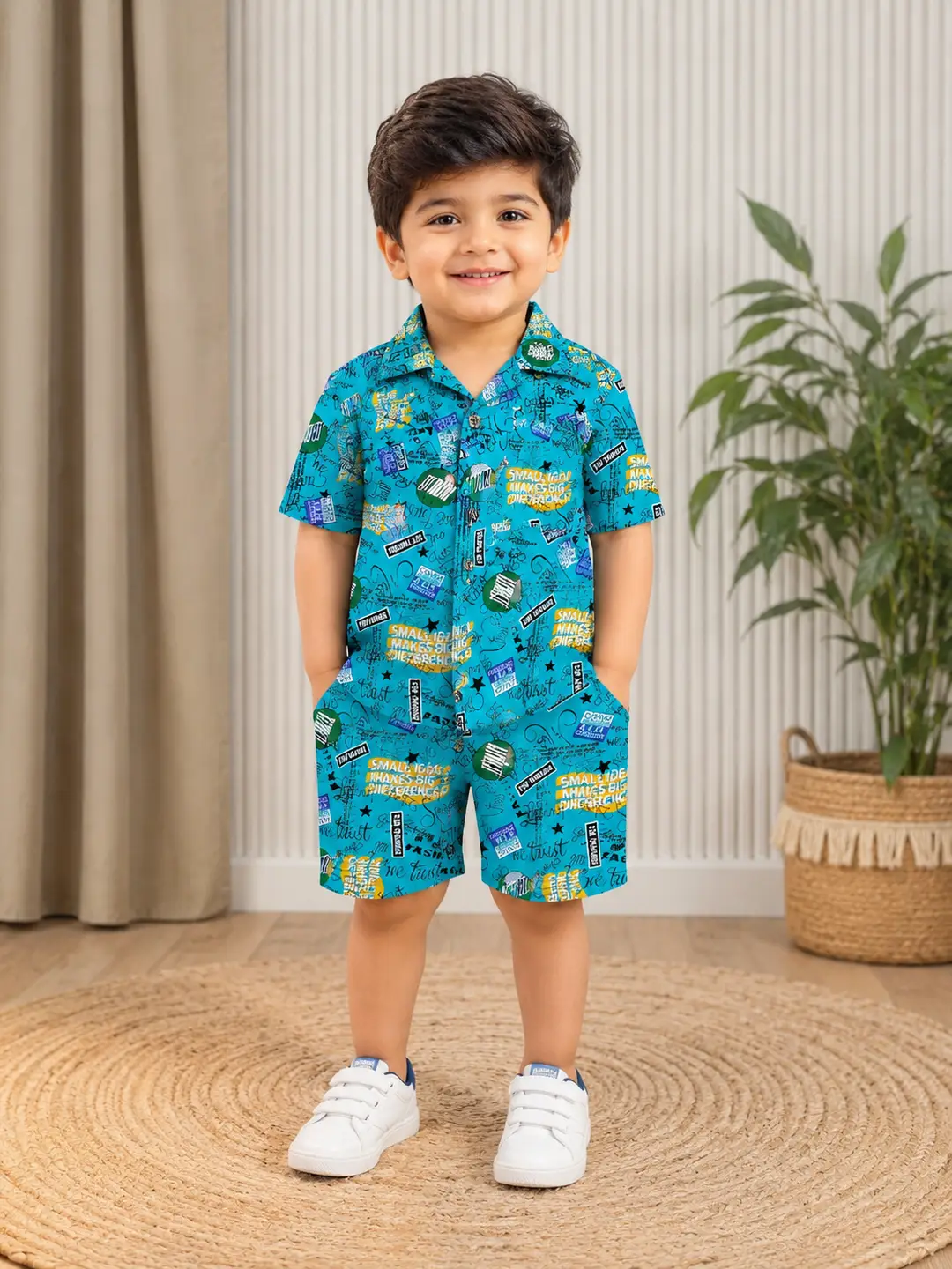 2 Pcs Boy's Dhanak Printed Shirt And Shorts Set