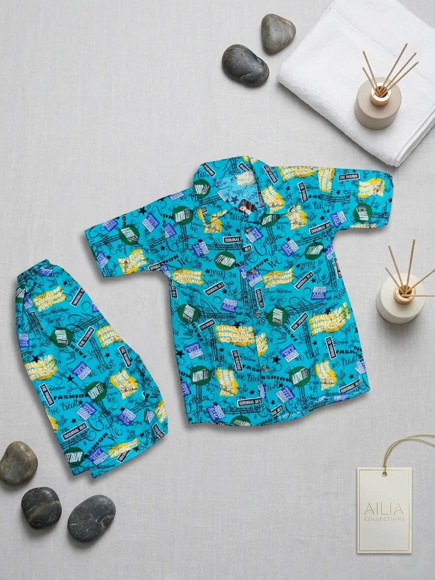 2 Pcs Boy's Dhanak Printed Shirt And Shorts Set