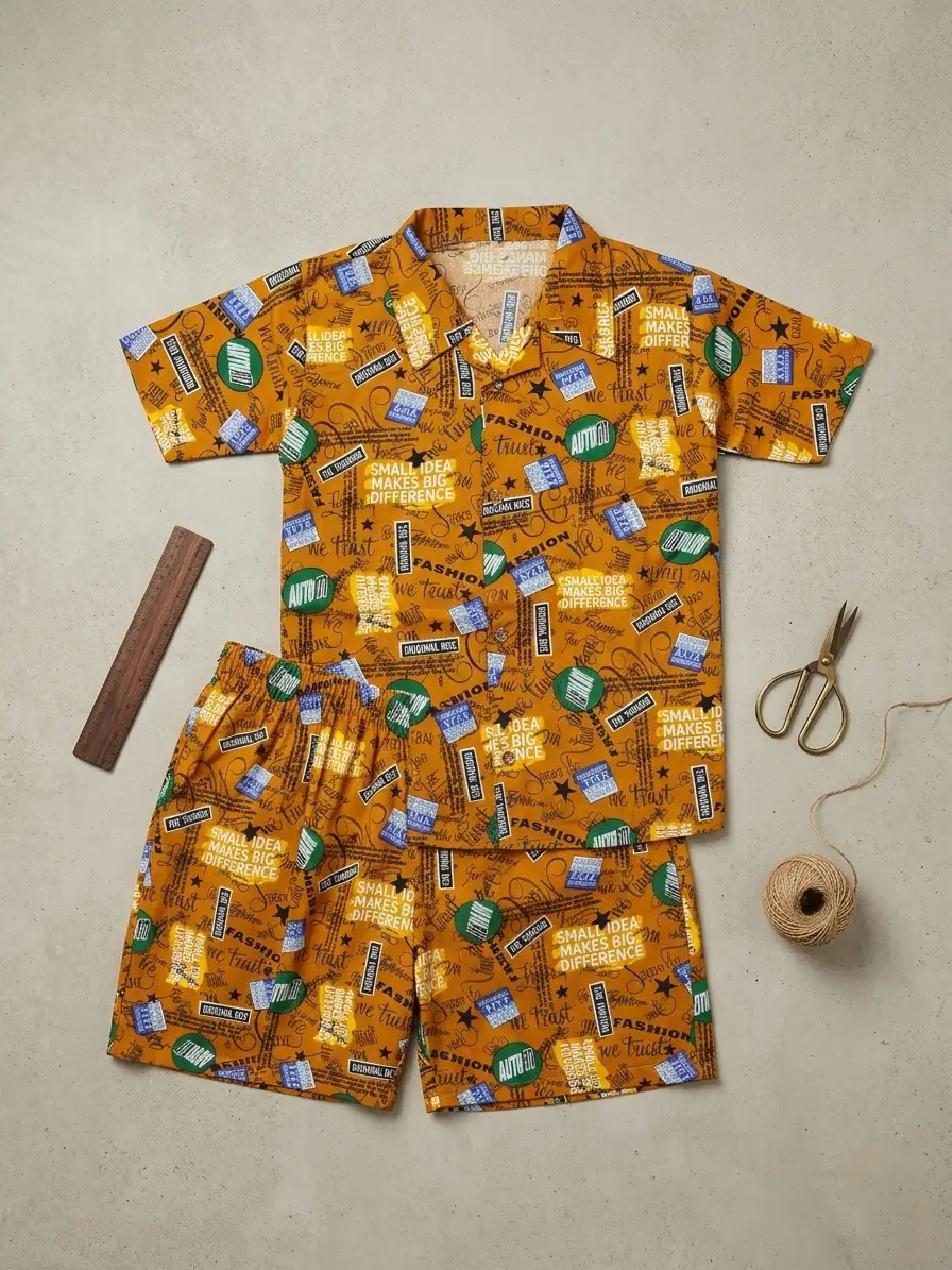 2 Pcs Boy's Dhanak Printed Shirt And Shorts Set