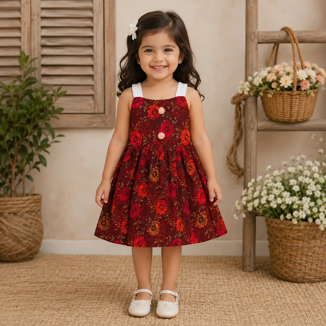2 Pcs Girl's Cotton Lawn Printed Frock And Trouser Set