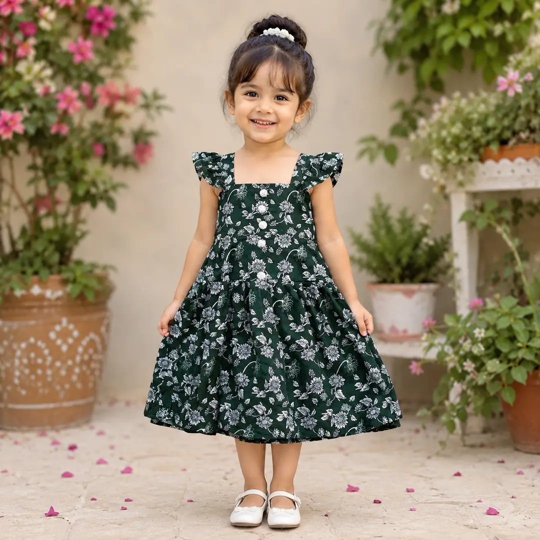 2 Pcs Girl's Cotton Lawn Printed Frock And Trouser Set