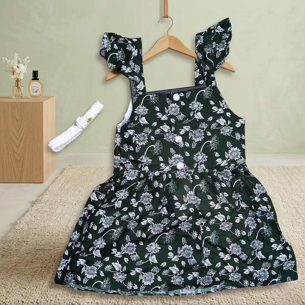 2 Pcs Girl's Cotton Lawn Printed Frock And Trouser Set