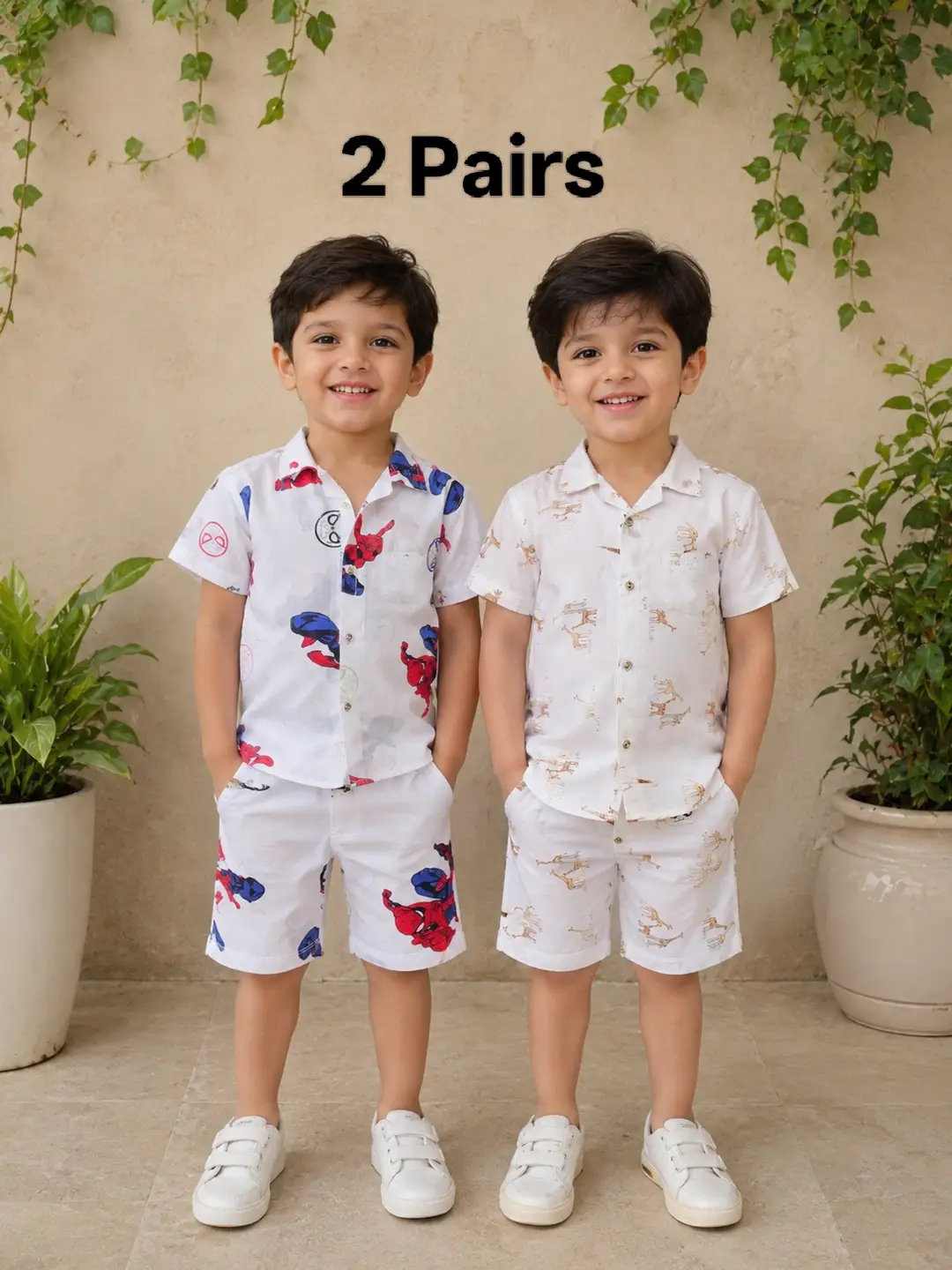 2 Pairs Boy's Cotton Lawn Printed Shirt And Shorts 2 Set